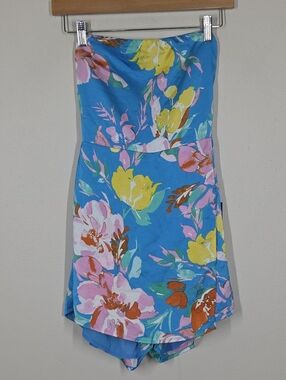 NWT Lulus Blue Satin Floral Skort Romper Strapless Preppy Beach Vacation XS
